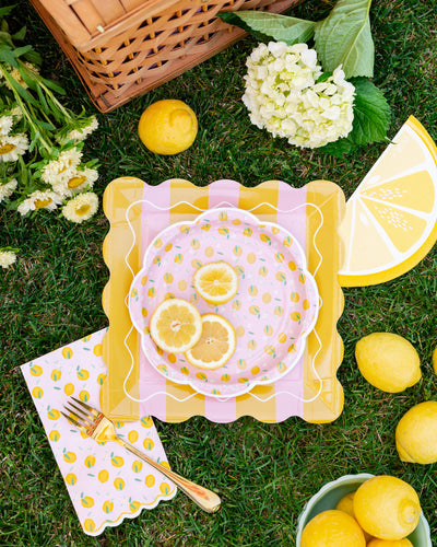 Yellow & Pink Striped Scalloped Square Plate