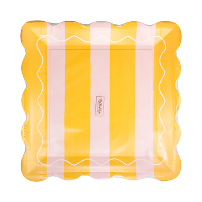Yellow & Pink Striped Scalloped Square Plate