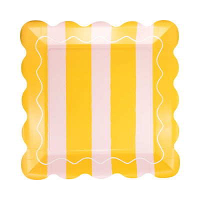 Yellow & Pink Striped Scalloped Square Plate