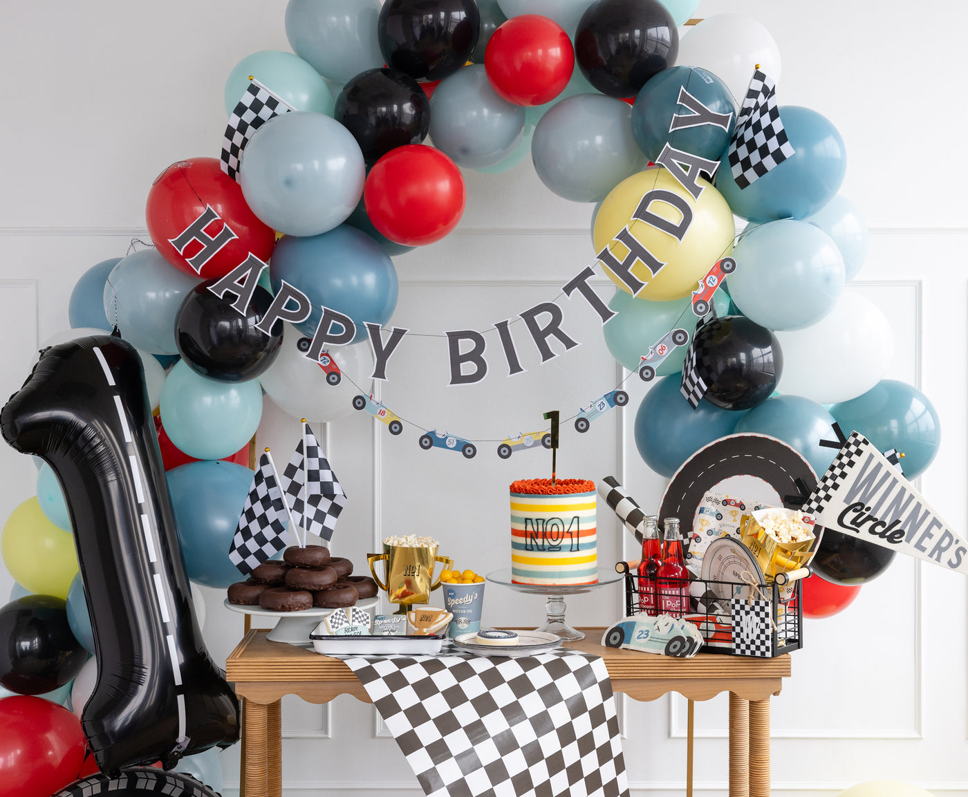 Racecar Happy Birthday banner with checkered flags