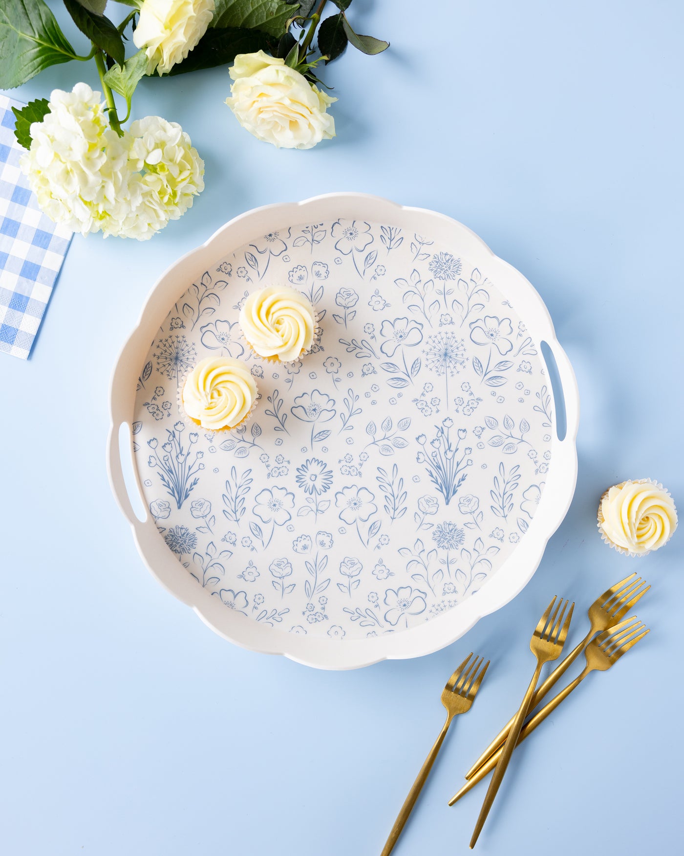 Round Scalloped Floral Bamboo Tray