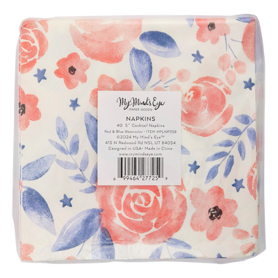 Red and Blue Watercolor Floral Paper Cocktail Napkin