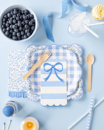 Blue Stripe Bow Scallop Guest Napkin