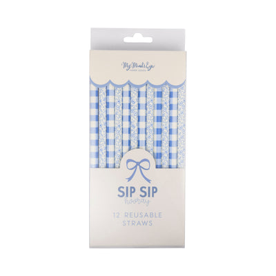 Blue Plaid Floral Reusable Straws