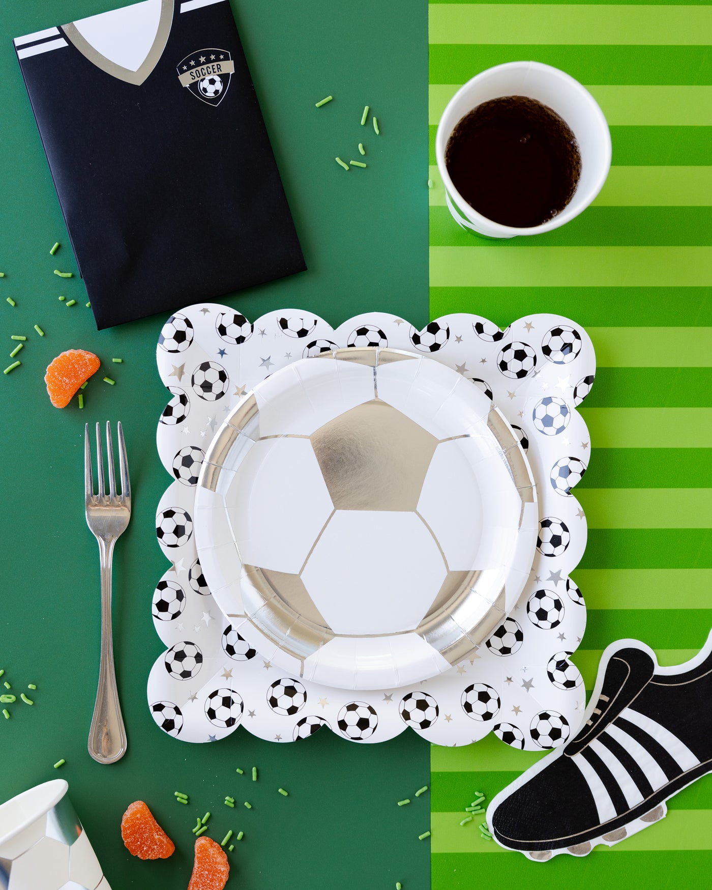 Scattered Soccer Ball Paper Plate