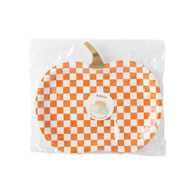 Checkered Pumpkin Shaped Paper Plate Set