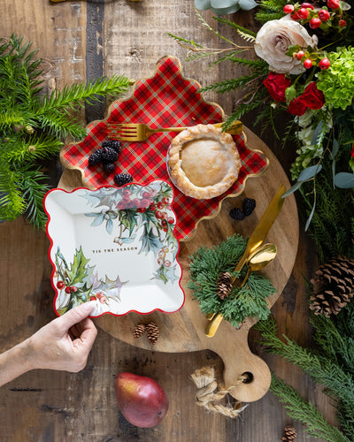 Red Plaid Square Gold Edge Scalloped Plate