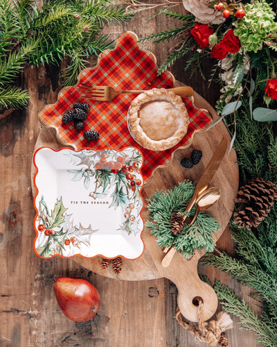 Red Plaid Square Gold Edge Scalloped Plate