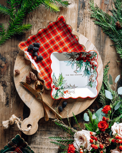 Red Plaid Square Gold Edge Scalloped Plate