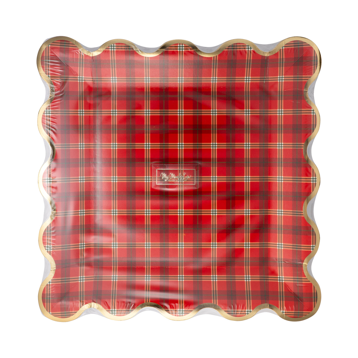 Red Plaid Square Gold Edge Scalloped Plate