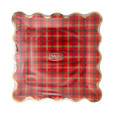 Red Plaid Square Gold Edge Scalloped Plate
