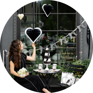 Classic black and creamy white tones with bold hearts