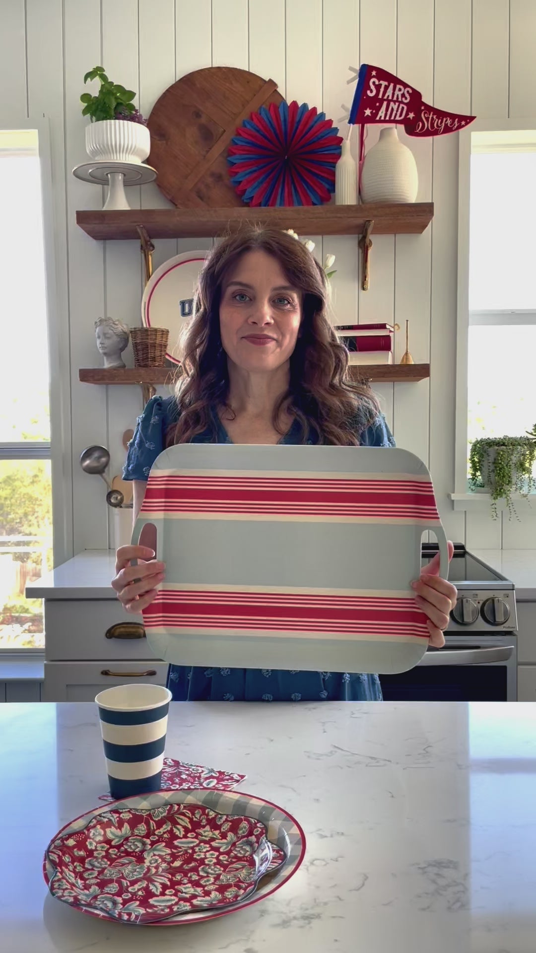 Hamptons Striped Chambray and Red Reusable Bamboo Tray