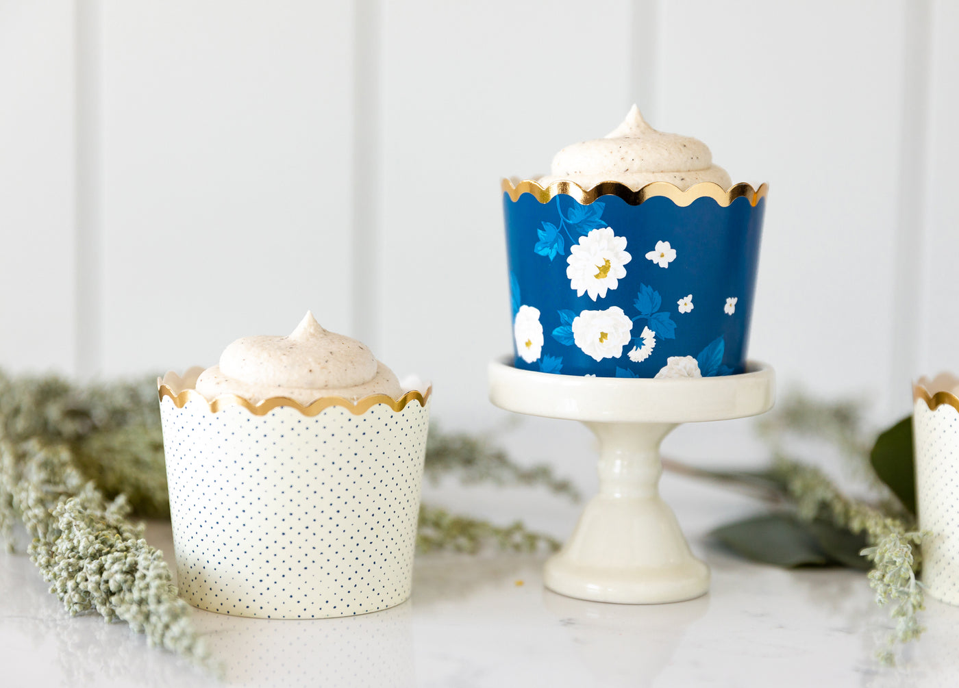 Gold Foiled White on Blue Floral Baking/Treat Cups