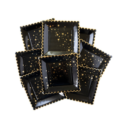 Gold Stars Black Scalloped 9" Paper Plates